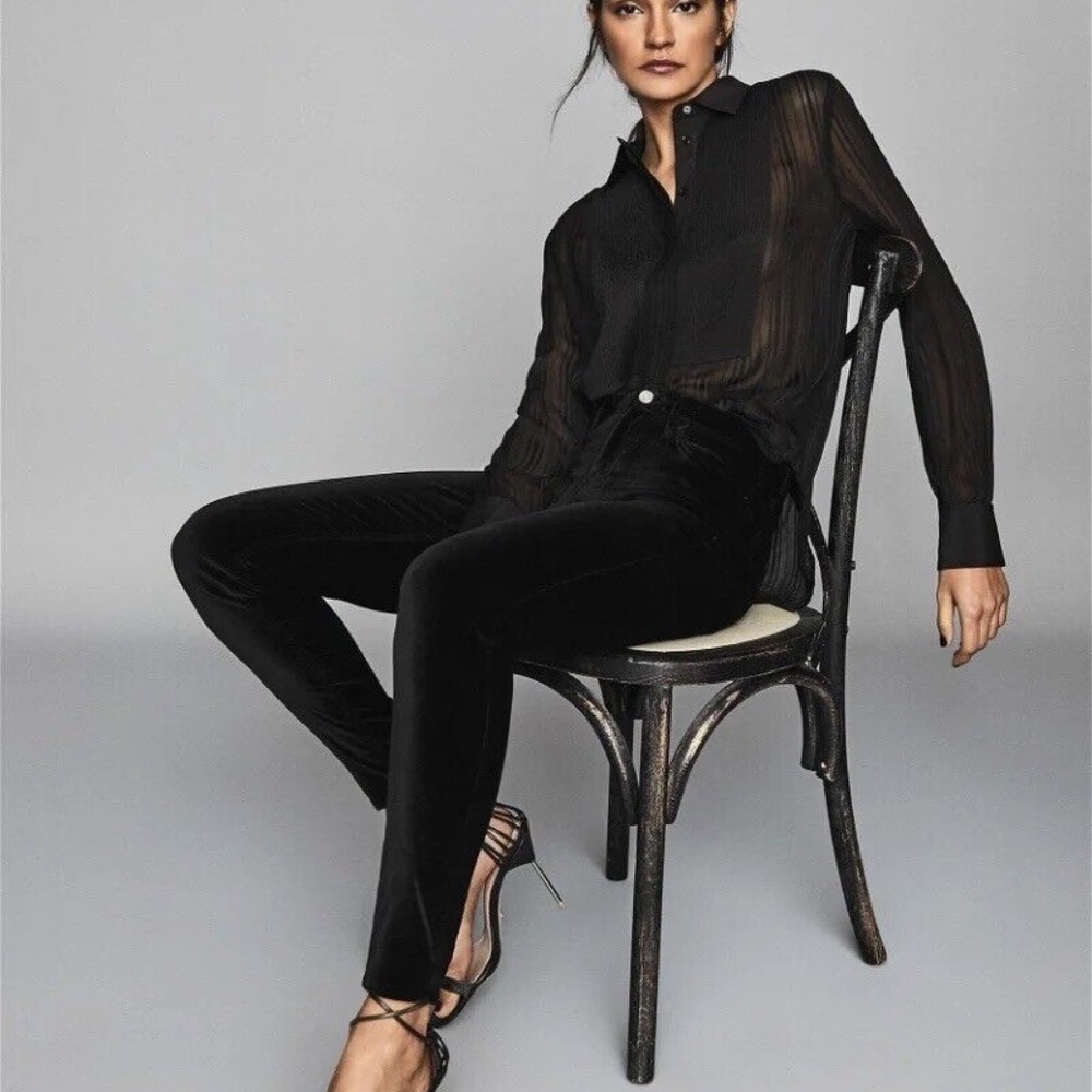 New $240 REISS Women's Black Lux Velvet Mid Rise Skinny Trousers Pants Size 30